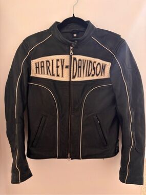 Harley-Davidson Black Leather Jacket with Cream Logo Panel